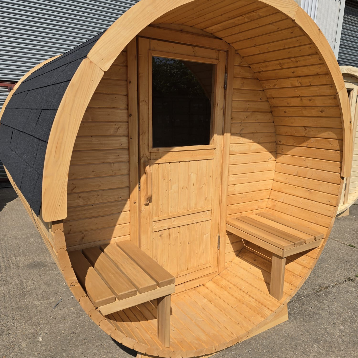 Terraced Basic door 1.7m Compact Barrel Sauna – Made in the UK | Eco-Friendly Pine | 4-Week Lead Time